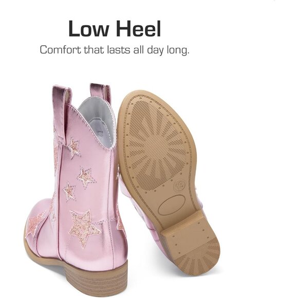 Girls Pink Cowgirl Mid Calf Glitter Western Boots Toddler Star Riding Shoes - Picture 4 of 6
